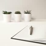 Services 11 Clean and simple workspace featuring an open notebook, pen, and potted succulents.